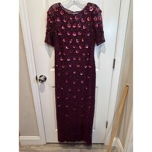 Adrianna Papell Women Maxi Dress Floral 3D Sequin Beaded Gown Burgundy Size 8